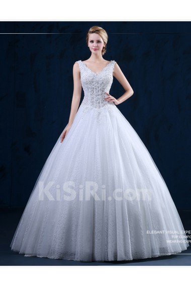 Tulle, Lace V-neck Floor Length Sleeveless Ball Gown Dress with Beads, Bow