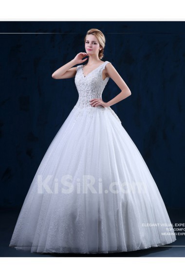 Tulle, Lace V-neck Floor Length Sleeveless Ball Gown Dress with Beads, Bow