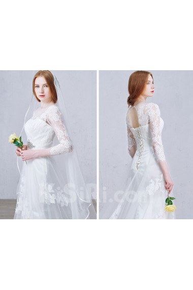 Lace, Tulle Jewel Chapel Train Three-quarter Mermaid Dress with Rhinestone, Handmade Flower