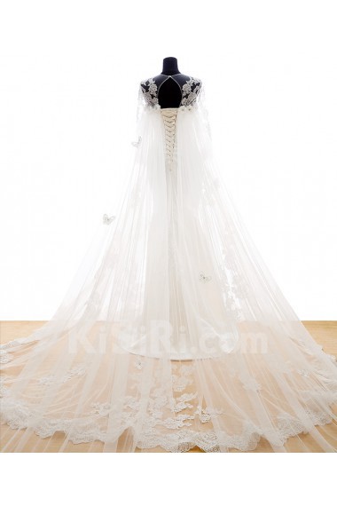 Lace, Tulle Jewel Chapel Train Three-quarter Mermaid Dress with Rhinestone, Handmade Flower