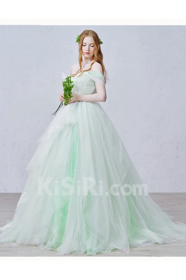 Organza, Lace Off-the-Shoulder Sweep Train Sleeveless Ball Gown Dress