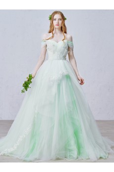 Organza, Lace Off-the-Shoulder Sweep Train Sleeveless Ball Gown Dress