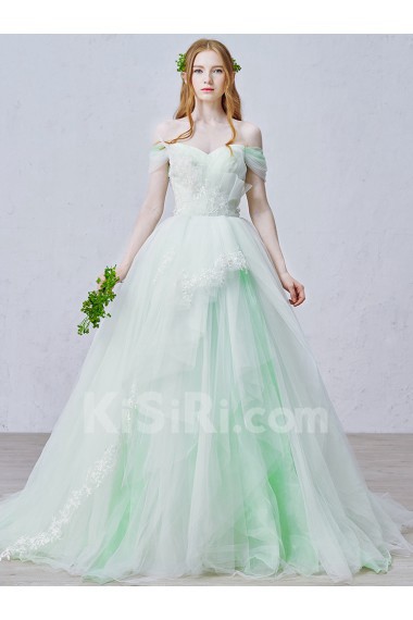 Organza, Lace Off-the-Shoulder Sweep Train Sleeveless Ball Gown Dress