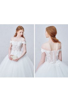 Lace, Organza, Tulle Off-the-Shoulder Sweep Train Ball Gown Dress with Rhinestone, Flowers