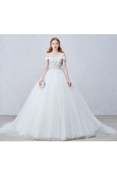 Lace, Organza, Tulle Off-the-Shoulder Sweep Train Ball Gown Dress with Rhinestone, Flowers