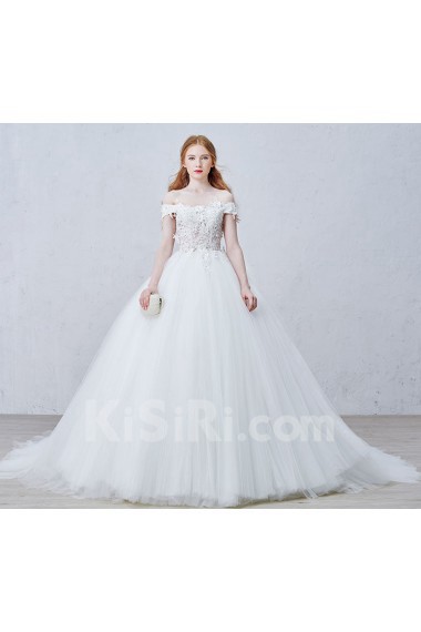 Lace, Organza, Tulle Off-the-Shoulder Sweep Train Ball Gown Dress with Rhinestone, Flowers