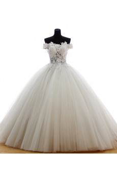 Lace, Organza, Tulle Off-the-Shoulder Sweep Train Ball Gown Dress with Rhinestone, Flowers