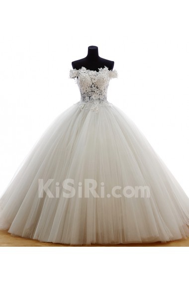 Lace, Organza, Tulle Off-the-Shoulder Sweep Train Ball Gown Dress with Rhinestone, Flowers