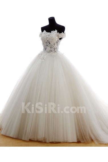 Lace, Organza, Tulle Off-the-Shoulder Sweep Train Ball Gown Dress with Rhinestone, Flowers