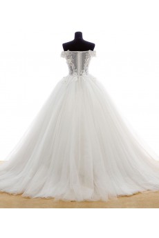 Lace, Organza, Tulle Off-the-Shoulder Sweep Train Ball Gown Dress with Rhinestone, Flowers