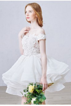 Lace, Organza, Tulle Off-the-Shoulder Mini/Short Ball Gown Dress with Rhinestone, Flowers