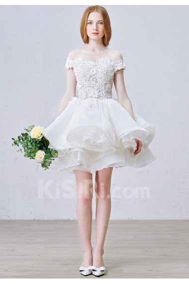 Lace, Organza, Tulle Off-the-Shoulder Mini/Short Ball Gown Dress with Rhinestone, Flowers