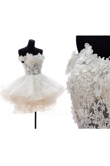 Lace, Organza, Tulle Off-the-Shoulder Mini/Short Ball Gown Dress with Rhinestone, Flowers