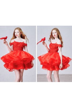 Lace, Organza, Tulle Off-the-Shoulder Mini/Short Ball Gown Dress with Rhinestone, Flowers