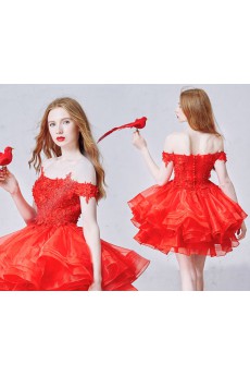 Lace, Organza, Tulle Off-the-Shoulder Mini/Short Ball Gown Dress with Rhinestone, Flowers