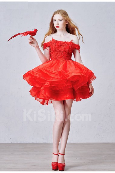 Lace, Organza, Tulle Off-the-Shoulder Mini/Short Ball Gown Dress with Rhinestone, Flowers