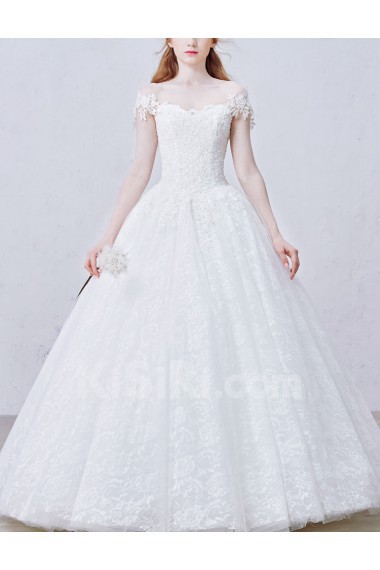 Lace, Tulle Off-the-Shoulder Floor Length Ball Gown Dress with Bead