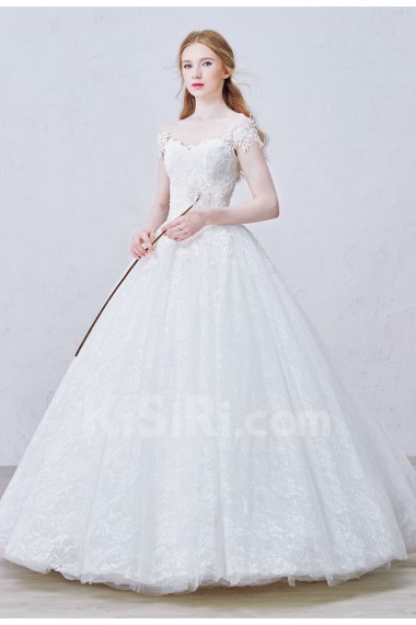 Lace, Tulle Off-the-Shoulder Floor Length Ball Gown Dress with Bead