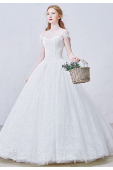 Lace, Tulle Off-the-Shoulder Floor Length Ball Gown Dress with Bead