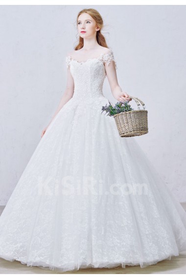 Lace, Tulle Off-the-Shoulder Floor Length Ball Gown Dress with Bead