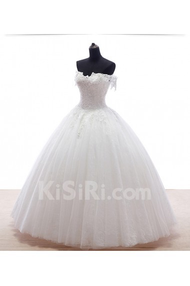 Lace, Tulle Off-the-Shoulder Floor Length Ball Gown Dress with Bead