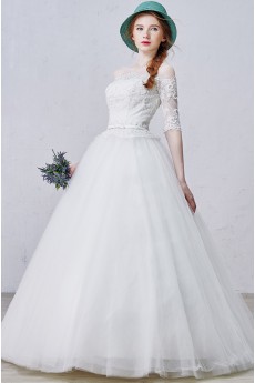 Lace, Tulle Off-the-Shoulder Floor Length Half Sleeve Ball Gown Dress with Bead