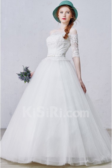 Lace, Tulle Off-the-Shoulder Floor Length Half Sleeve Ball Gown Dress with Bead