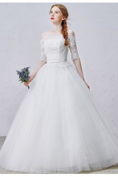 Lace, Tulle Off-the-Shoulder Floor Length Half Sleeve Ball Gown Dress with Bead