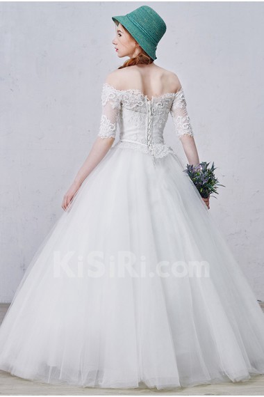 Lace, Tulle Off-the-Shoulder Floor Length Half Sleeve Ball Gown Dress with Bead