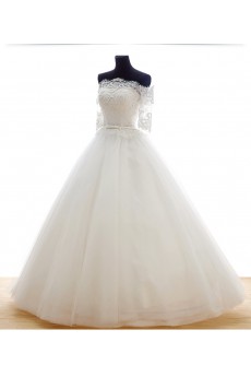 Lace, Tulle Off-the-Shoulder Floor Length Half Sleeve Ball Gown Dress with Bead