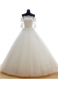 Lace, Tulle Off-the-Shoulder Floor Length Half Sleeve Ball Gown Dress with Bead