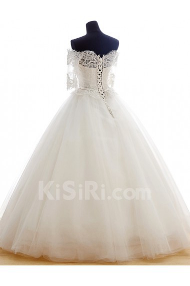 Lace, Tulle Off-the-Shoulder Floor Length Half Sleeve Ball Gown Dress with Bead