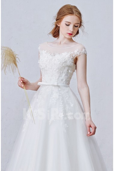 Tulle, Satin Scoop Floor Length Cap Sleeve A-line Dress with Handmade Flowers, Bow