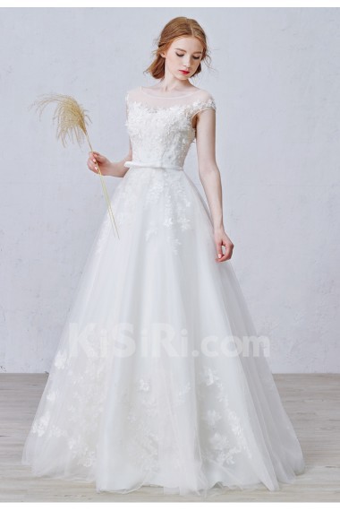 Tulle, Satin Scoop Floor Length Cap Sleeve A-line Dress with Handmade Flowers, Bow