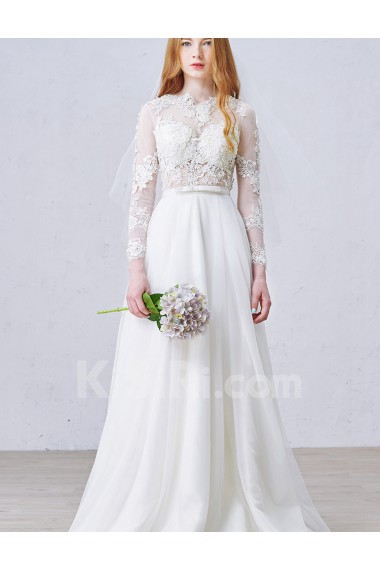 Lace, Satin, Tulle Jewel Floor Length Long Sleeve A-line Dress with Pearl, Applique