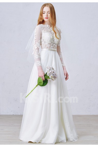 Lace, Satin, Tulle Jewel Floor Length Long Sleeve A-line Dress with Pearl, Applique