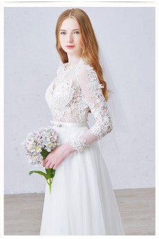 Lace, Satin, Tulle Jewel Floor Length Long Sleeve A-line Dress with Pearl, Applique