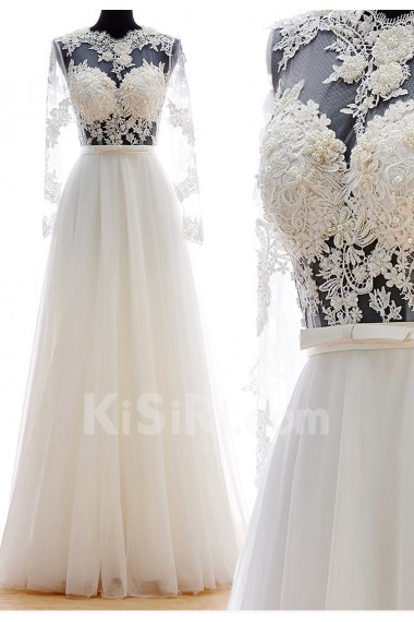 Lace, Satin, Tulle Jewel Floor Length Long Sleeve A-line Dress with Pearl, Applique