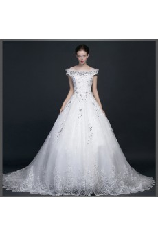 Lace, Satin, Tulle Off-the-Shoulder Chapel Train Ball Gown Dress with Rhinestone