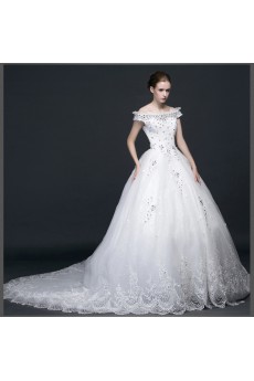 Lace, Satin, Tulle Off-the-Shoulder Chapel Train Ball Gown Dress with Rhinestone