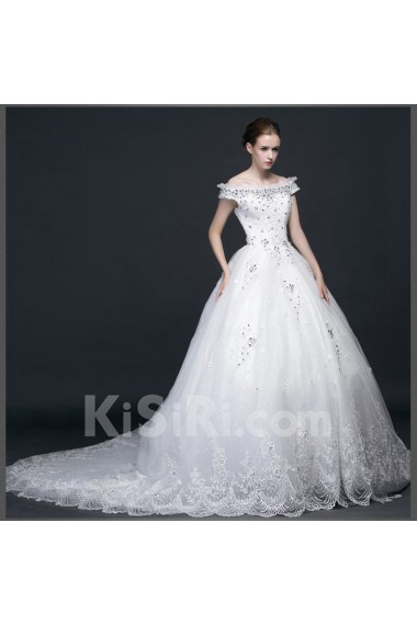 Lace, Satin, Tulle Off-the-Shoulder Chapel Train Ball Gown Dress with Rhinestone