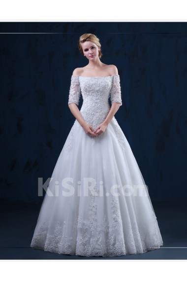 Tulle, Lace Off-the-Shoulder Floor Length Half Sleeve A-line Dress with Beads