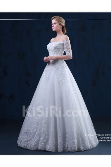 Tulle, Lace Off-the-Shoulder Floor Length Half Sleeve A-line Dress with Beads