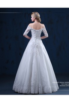 Tulle, Lace Off-the-Shoulder Floor Length Half Sleeve A-line Dress with Beads