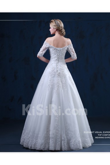 Tulle, Lace Off-the-Shoulder Floor Length Half Sleeve A-line Dress with Beads