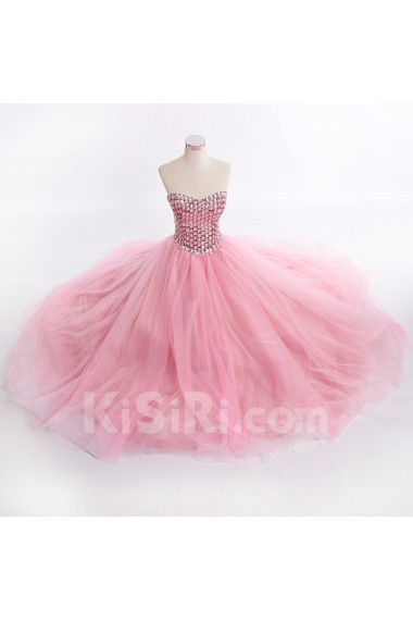 Tulle, Satin Sweetheart Floor Length Sleeveless Ball Gown Dress with Rhinestone