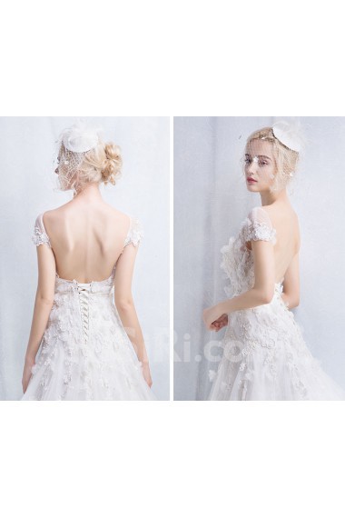 Tulle, Lace Scoop Cathedral Train Cap Sleeve A-line Dress with Handmade Flowers, Sash