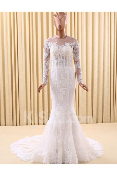 Lace Jewel Chapel Train Long Sleeve Mermaid Dress with Beads