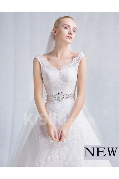 Tulle, Lace V-neck Chapel Train Sleeveless A-line Dress with Sash