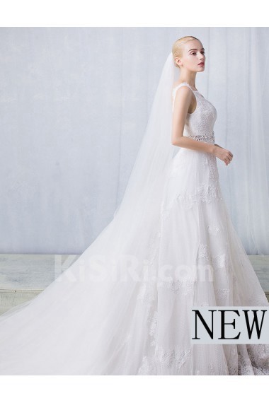 Tulle, Lace V-neck Chapel Train Sleeveless A-line Dress with Sash